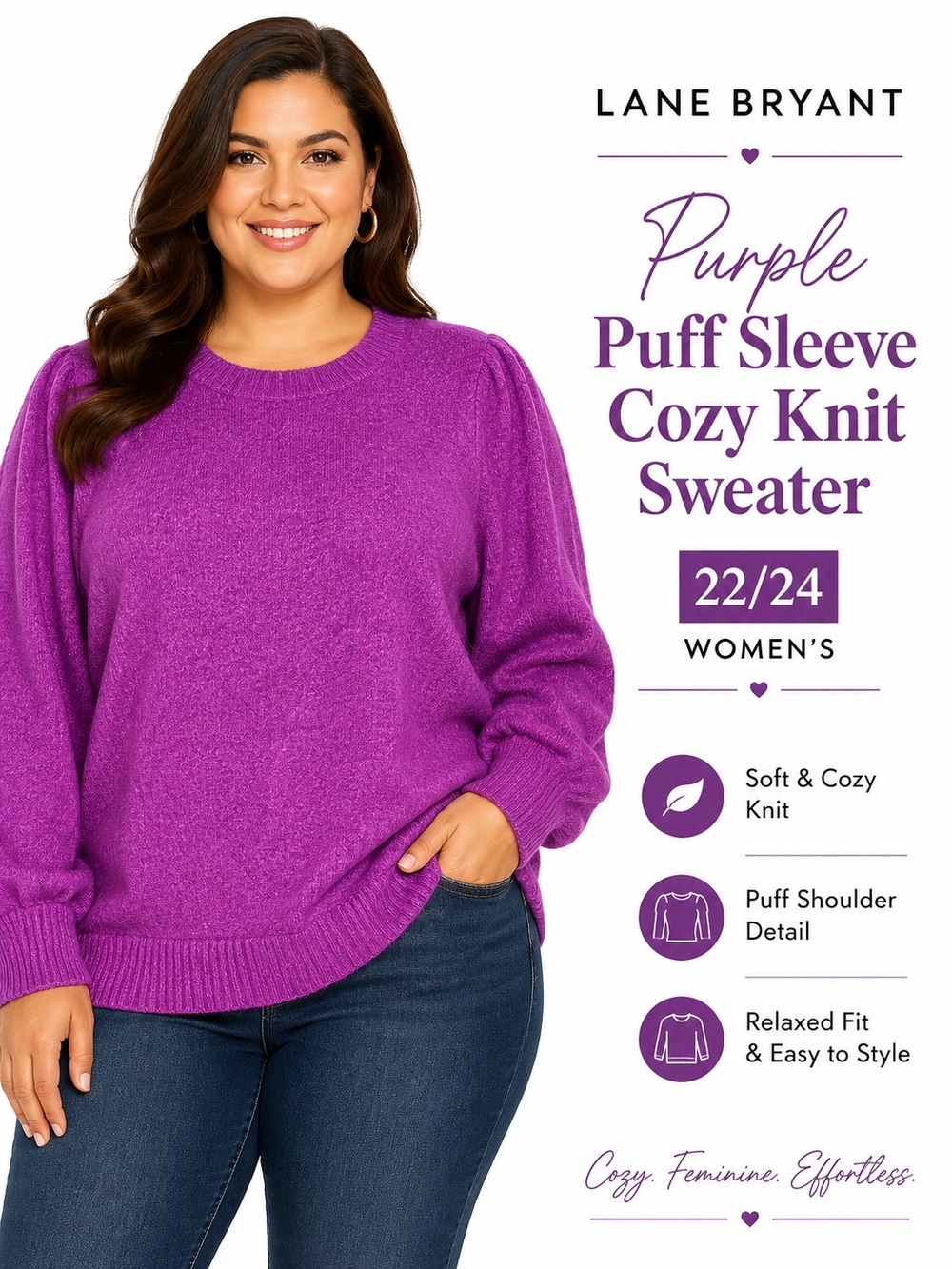 Lane Bryant Purple Puff Sleeve Cozy Knit Sweater Women’s 22/24